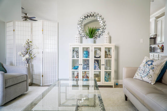 living room with couch, mirrors, carpet, pillows, books, shelves,table